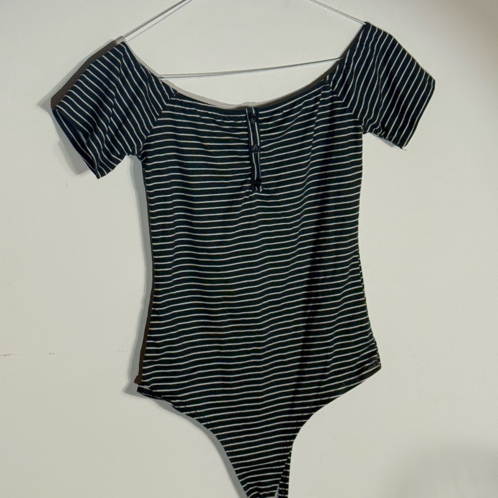 Navy and White Striped Bodysuit with Off-the-Shoulder Design